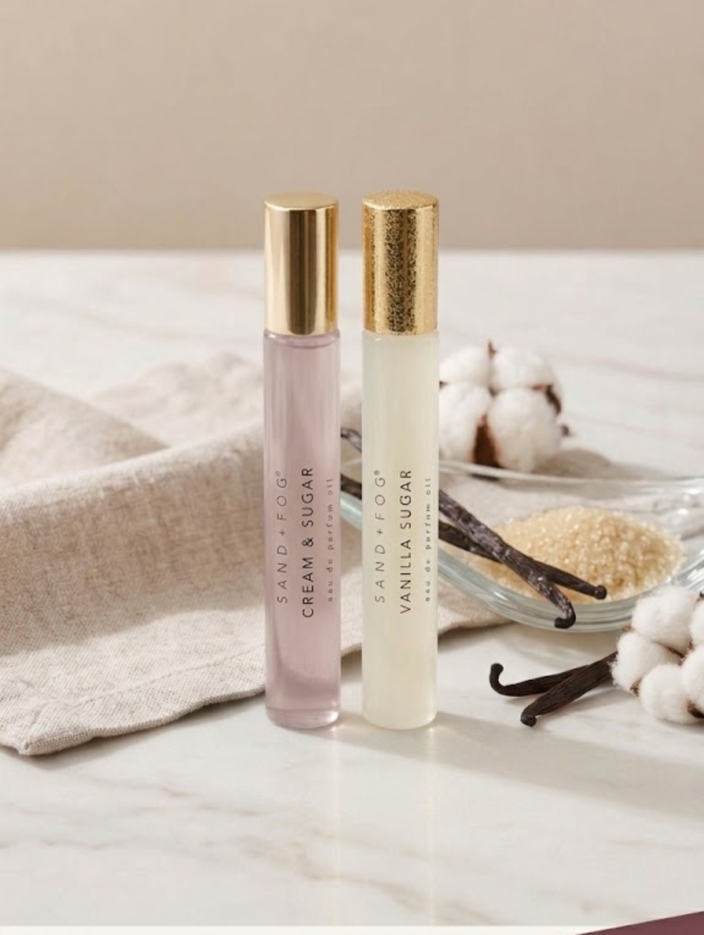 Sand + Fog Fragrance Body Oils- Cream & Sugar/Vanilla Sugar, 10 ml Each (New)